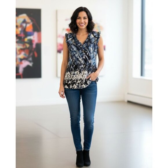 Tapemeasure Womens Abstract Print Ruffle Sleeveless Blouse Size 4 Black/White/Bl - Picture 1 of 9